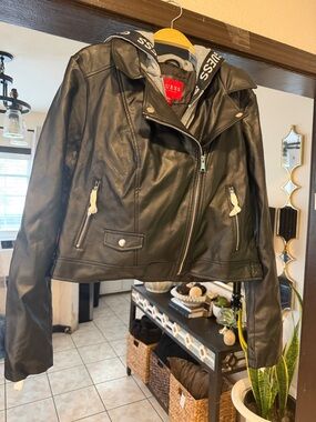 Guess Black Faux Leather Moto Jacket with Hooded Logo Trim